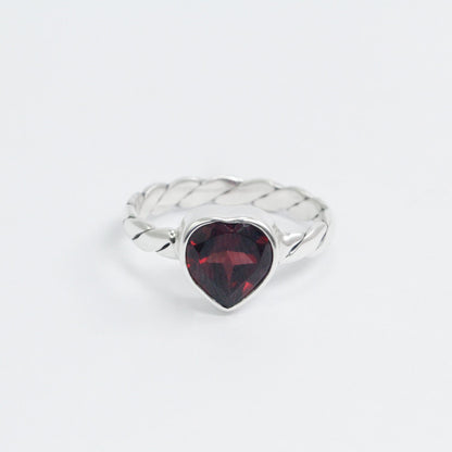 Red Garnet ring Heart shape set in 925 sterling silver