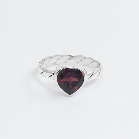 Red Garnet ring Heart shape set in 925 sterling silver