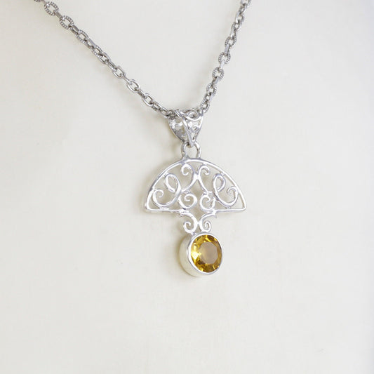 yellow citrine necklace pendant set in 925 sterling silver open work filigree