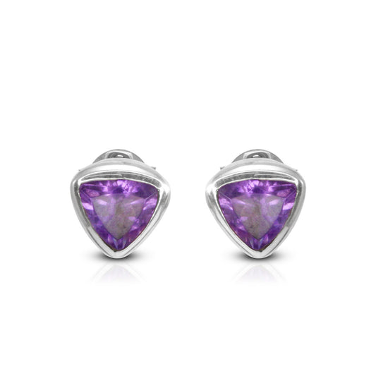 Amethyst Earrings stud 925 sterling silver triangle with bezel set