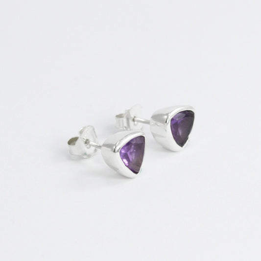 Amethyst Earrings stud 925 sterling silver triangle with bezel set