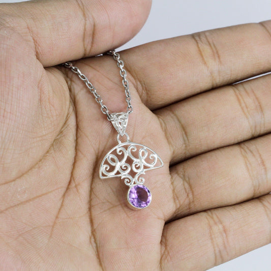amethyst pendant necklace 925 sterling silver decorated with open work filigree ornament