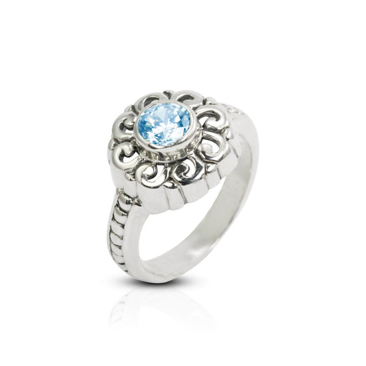 flower ring 925 sterling silver with genuine blue topaz zirconia with filigree ornament
