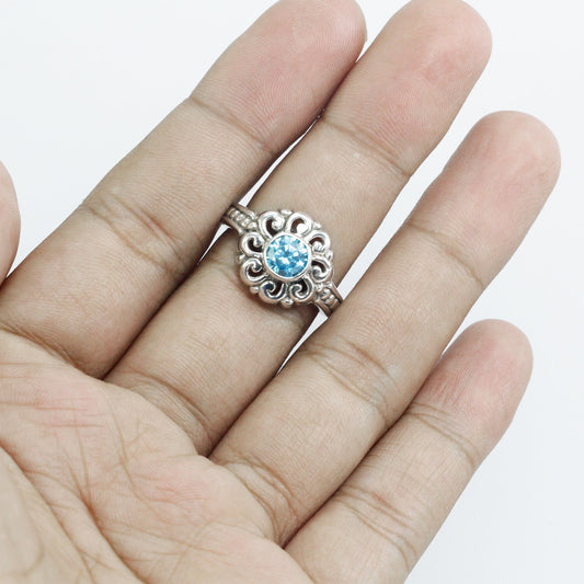 flower ring 925 sterling silver with genuine blue topaz zirconia with filigree ornament