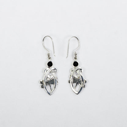 Celtic earrings 925 sterling silver decorated with genuine black onyx , dragonfly ornament and 18K yellow gold
