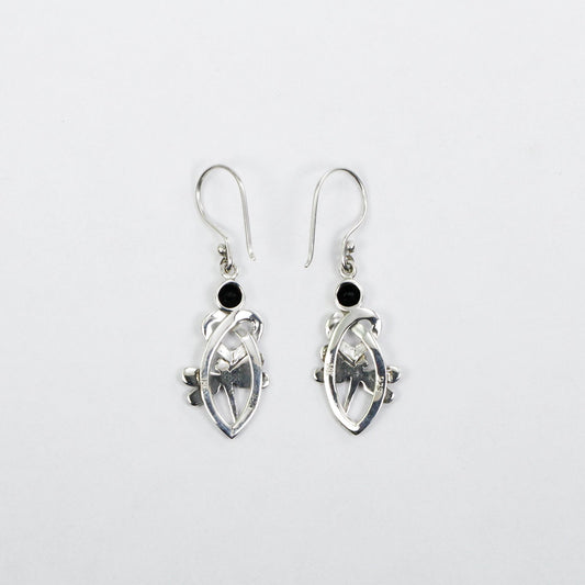 Celtic earrings 925 sterling silver decorated with genuine black onyx , dragonfly ornament and 18K yellow gold