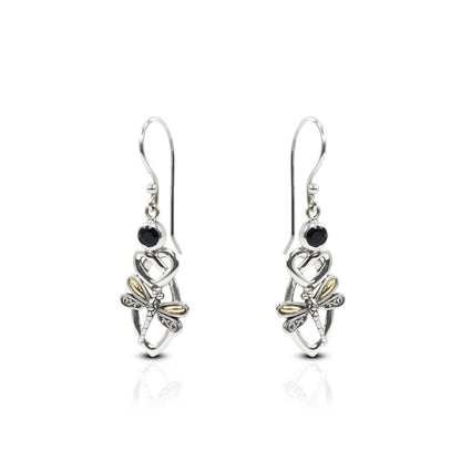 Celtic earrings 925 sterling silver decorated with genuine black onyx , dragonfly ornament and 18K yellow gold