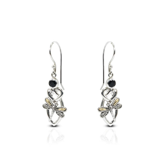 Celtic earrings 925 sterling silver decorated with genuine black onyx , dragonfly ornament and 18K yellow gold