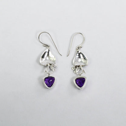 silver leaf earrings dangle 925 sterling silver with genuine African amethyst dragonfly ornament 18K yellow gold