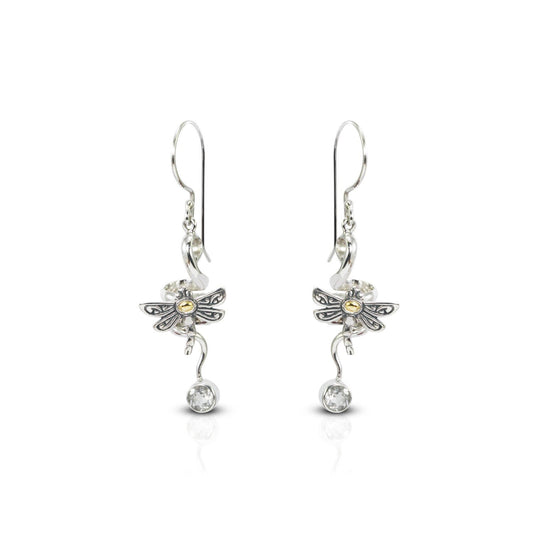 Dragonfly earrings 925 sterling silver with natural white crystal and elegance swirl dangle