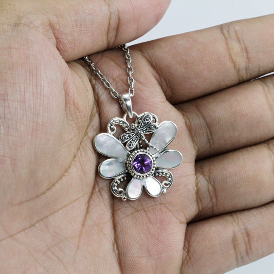 butterfly pendant necklace set in 925 sterling silver with genuine amethyst and white shell decorated with dragonfly ornament