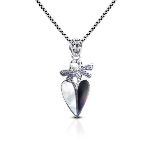 heart shape pendant 925 sterling silver decorated with dragonfly ornament two color