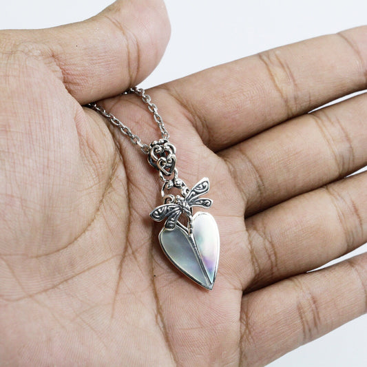 heart shape pendant 925 sterling silver decorated with dragonfly ornament two color