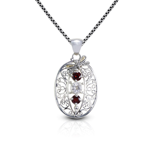 open work filigree pendant 925 sterling silver and 18K gold with genuine red garnet and white topaz decorated with dragonfly ornament