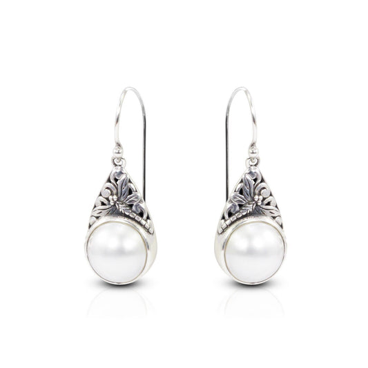 white mabe pearl earrings 925 sterling silver decorated with dragonfly filigree ornament