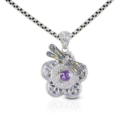 flower pendant necklace set in 925 sterling silver and 18k gold with genuine amethyst decorated with dragonfly ornament