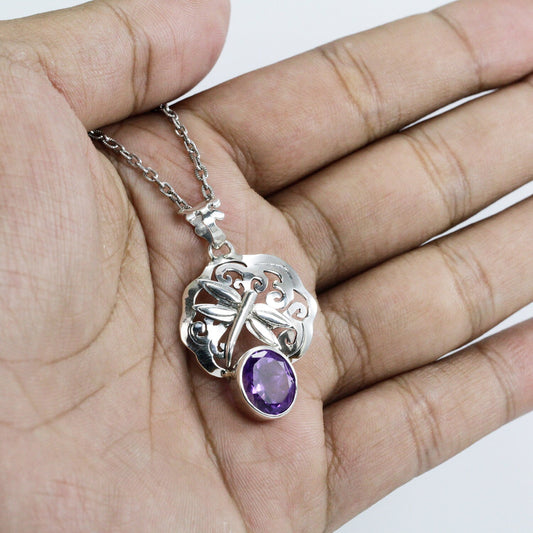amethyst pendant necklace 925 sterling silver decorated with handmade open work filigree