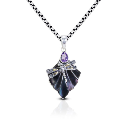 Leaf pendant necklace set in 925 sterling silver and 18K gold with genuine amethyst and black shell decorated with dragonfly ornament