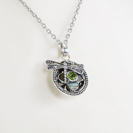 peridot pendant 925 sterling silver and 18K yellow gold decorated with abalone shell and dragonfly ornament
