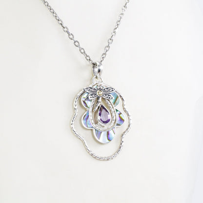 dragonfly on leaf pendant necklace set in 925 sterling silver and 18K gold with genuine amethyst and abalone shell