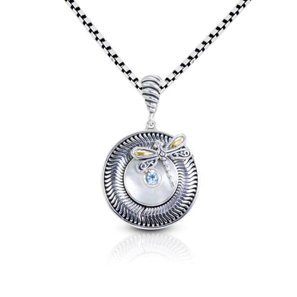 blue topaz pendant 925 sterling silver and 18K yellow gold dragonfly ornament with natural white shell