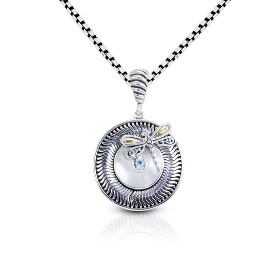 blue topaz pendant 925 sterling silver and 18K yellow gold dragonfly ornament with natural white shell