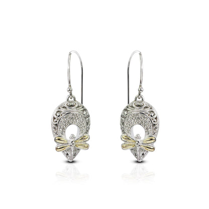 Dragonfly earrings drop 925 sterling silver with 18K yellow gold and white stone pave