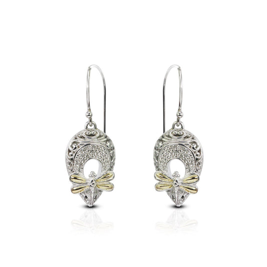 Dragonfly earrings drop 925 sterling silver with 18K yellow gold and white stone pave