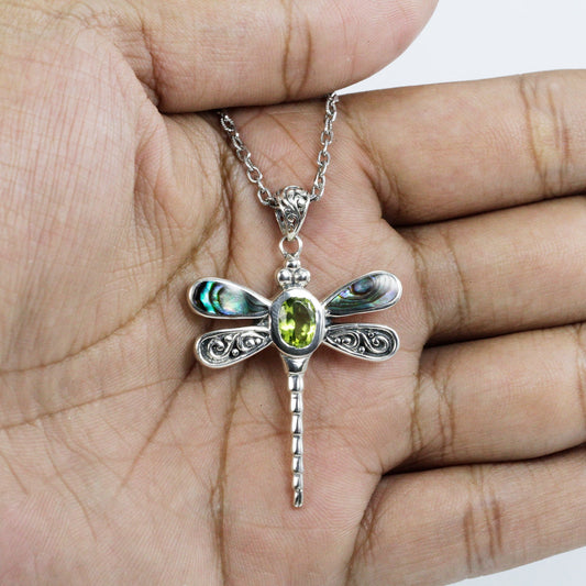 Dragonfly pendant 925 sterling silver with genuine green peridot and abalone shell decorated with swirl filigree