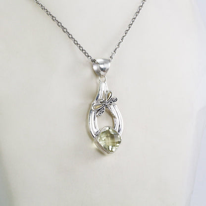 Unique Lemon Quartz Pendant 925 and 18K yellow gold sterling silver with dragonfly ornament