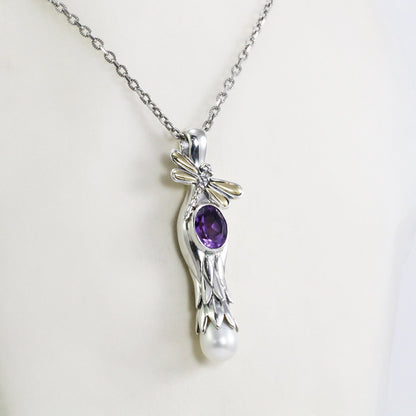 floral shape pendant necklace 925 sterling silver and 18K gold with genuine amethyst and drop pearl decorated with dragonfly ornament