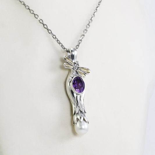 floral shape pendant necklace 925 sterling silver and 18K gold with genuine amethyst and drop pearl decorated with dragonfly ornament