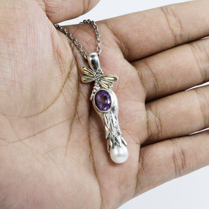 floral shape pendant necklace 925 sterling silver and 18K gold with genuine amethyst and drop pearl decorated with dragonfly ornament