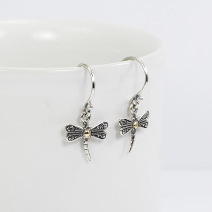 tiny dragonfly earrings 925 sterling silver decorated with swirl filigree ornament and 18 K gold layer