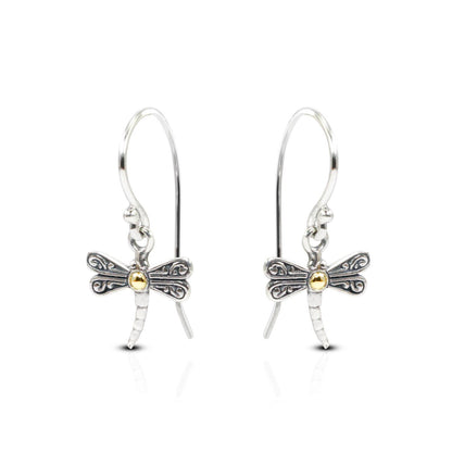 tiny dragonfly earrings 925 sterling silver decorated with swirl filigree ornament and 18 K gold layer