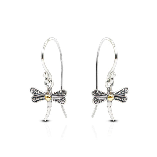 tiny dragonfly earrings 925 sterling silver decorated with swirl filigree ornament and 18 K gold layer