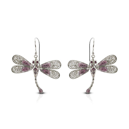 dragonfly earrings 925 sterling silver decorated with genuine red ruby pave setting