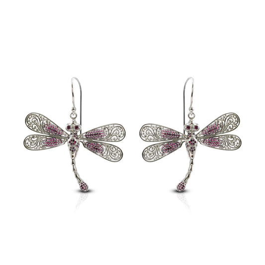 dragonfly earrings 925 sterling silver decorated with genuine red ruby pave setting