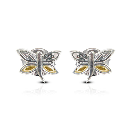 tiny dragonfly earrings stud 925 sterling silver and 18K gold decorated with swirl filigree ornament
