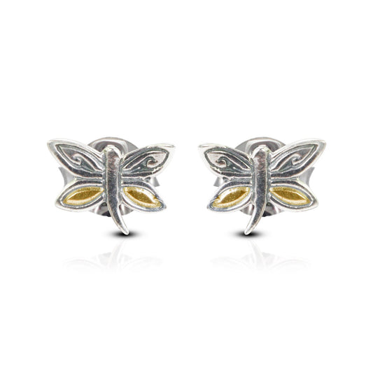 tiny dragonfly earrings stud 925 sterling silver and 18K gold decorated with swirl filigree ornament