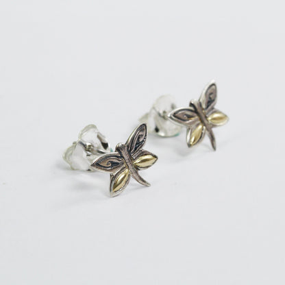 tiny dragonfly earrings stud 925 sterling silver and 18K gold decorated with swirl filigree ornament