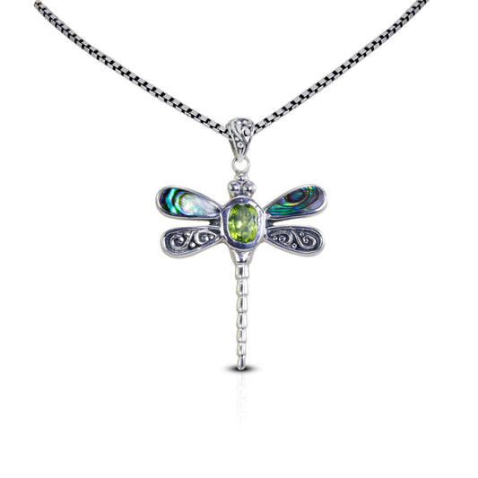 Dragonfly pendant 925 sterling silver with genuine green peridot and abalone shell decorated with swirl filigree