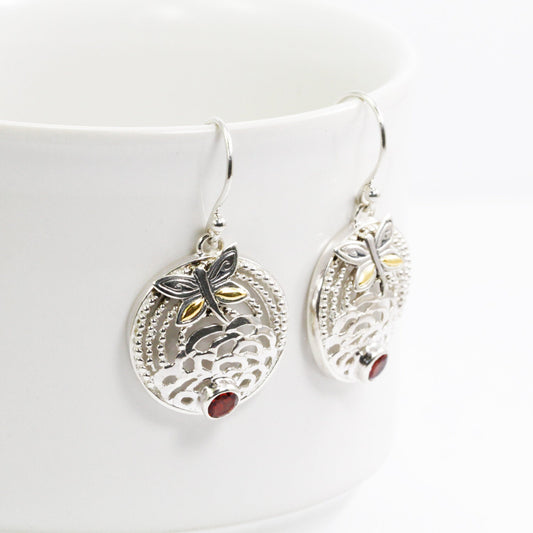 garnet earrings 925 sterling silver with dragonfly ornament 18K yellow gold
