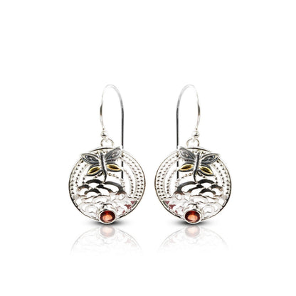 garnet earrings 925 sterling silver with dragonfly ornament 18K yellow gold
