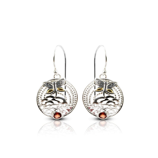 garnet earrings 925 sterling silver with dragonfly ornament 18K yellow gold