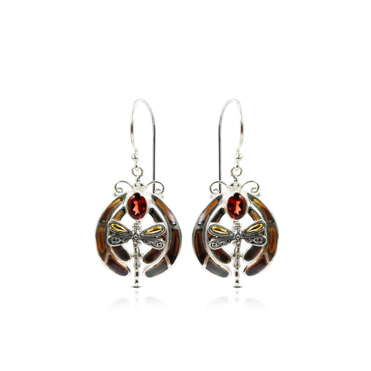 dragonfly earrings 925 sterling silver decorated with genuine red garnet, 18K yellow gold and natural black shell