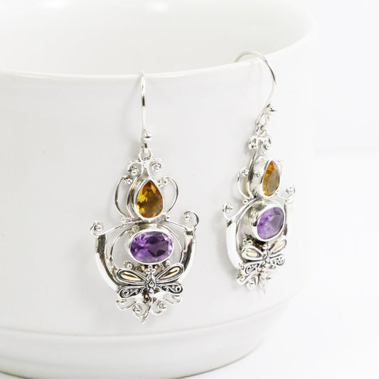 Amethyst and citrine earrings 925 sterling silver decorated with 18K dragonfly ornament
