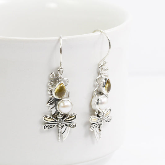 dragonfly earrings dangle 925 sterling silver with genuine citrine and freshwater pearl leaf filigree ornament