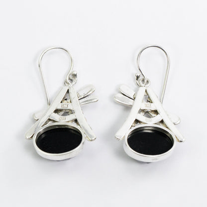 Black onyx earrings dangle drop set in 925 sterling silver and 18K yellow gold decorated with dragonfly ornament