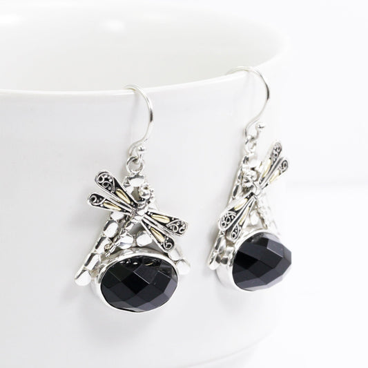 Black onyx earrings dangle drop set in 925 sterling silver and 18K yellow gold decorated with dragonfly ornament